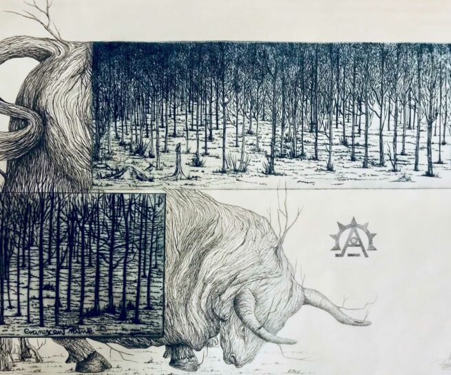 Bull-Tree-Graphite-and-drypoint-on-paper-44-x-315-cm.-©2019-Txema-Munoz